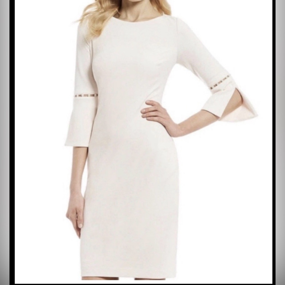NEW Calvin Klein Petal Pink Pearl Trim Bell Sleeves Shift Dress